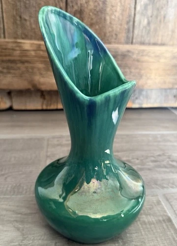 Royal Haeger Pottery Drip Glaze Vase 9" 413 Fluted Blue Green Vintage MCM
