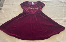GUESS Girls Velvet Dress Size 7 Red Short Sleeve Bedazzled Logo Flaw