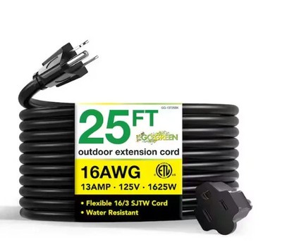 GoGreen Power 25 ft. 16/3 Heavy Duty Outdoor Extension Cord - Black