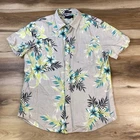 Banana Republic Shirt Men Large Slim Fit Linen Blend Tropical Floral Gray Summer