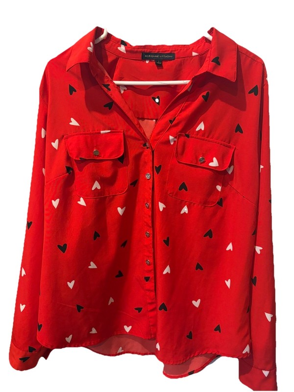 Adrienne Vittadini Red Blouse With Black White Hearts Lightweight NWOT Large