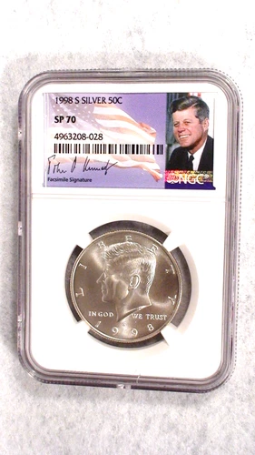 1998 S NGC SP70 JOHN F KENNEDY FACSIMILE SIGNED 50C SILVER COIN INTERCEPT SHIELD