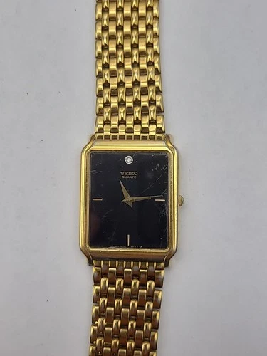 Vintage Seiko Watch 5Y30-5189 Gold Tone Tank Style Black Dial New Battery Works
