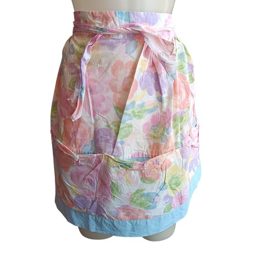 Vintage Floral Half Apron With Pastel Watercolor Design & Pockets