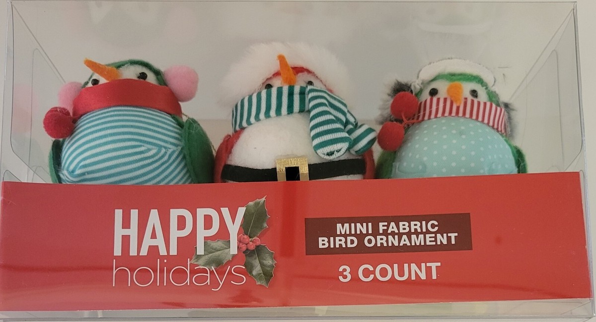 Happy Holidays Mini Fabric Bird Ornaments 3 Pack Winter Christmas