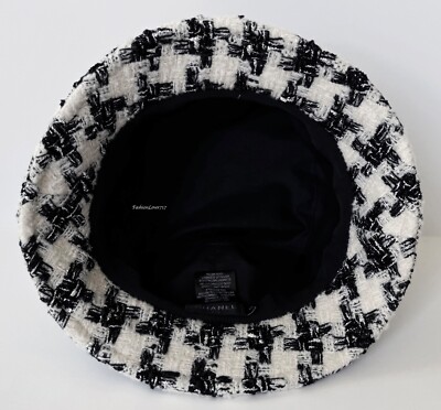 20B CHANEL BLACK IVORY SILVER CC HOUNDSTOOTH TWEED BUCKET HAT S | eBay