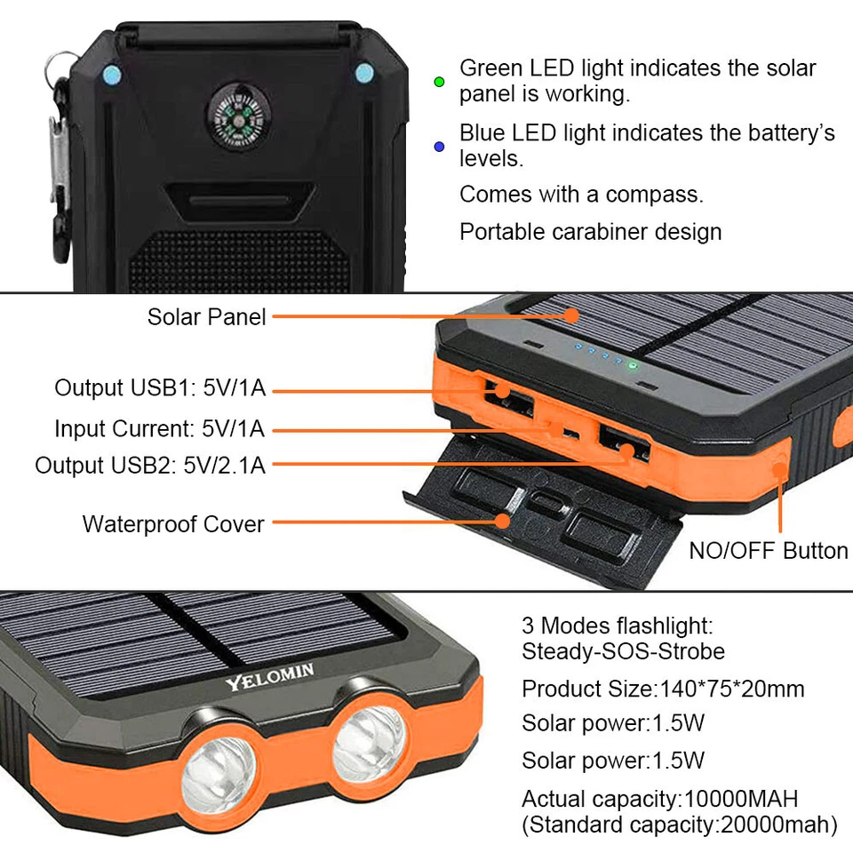 Portable Solar Power Bank 2022 Super 20000mAh 2USB External Battery Fast Charger - Image 2 of 4