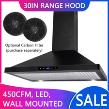 30in Wall Mount Range Hood 450CFM Kitchen Cook Vent Carbon Filter LEDs Black New