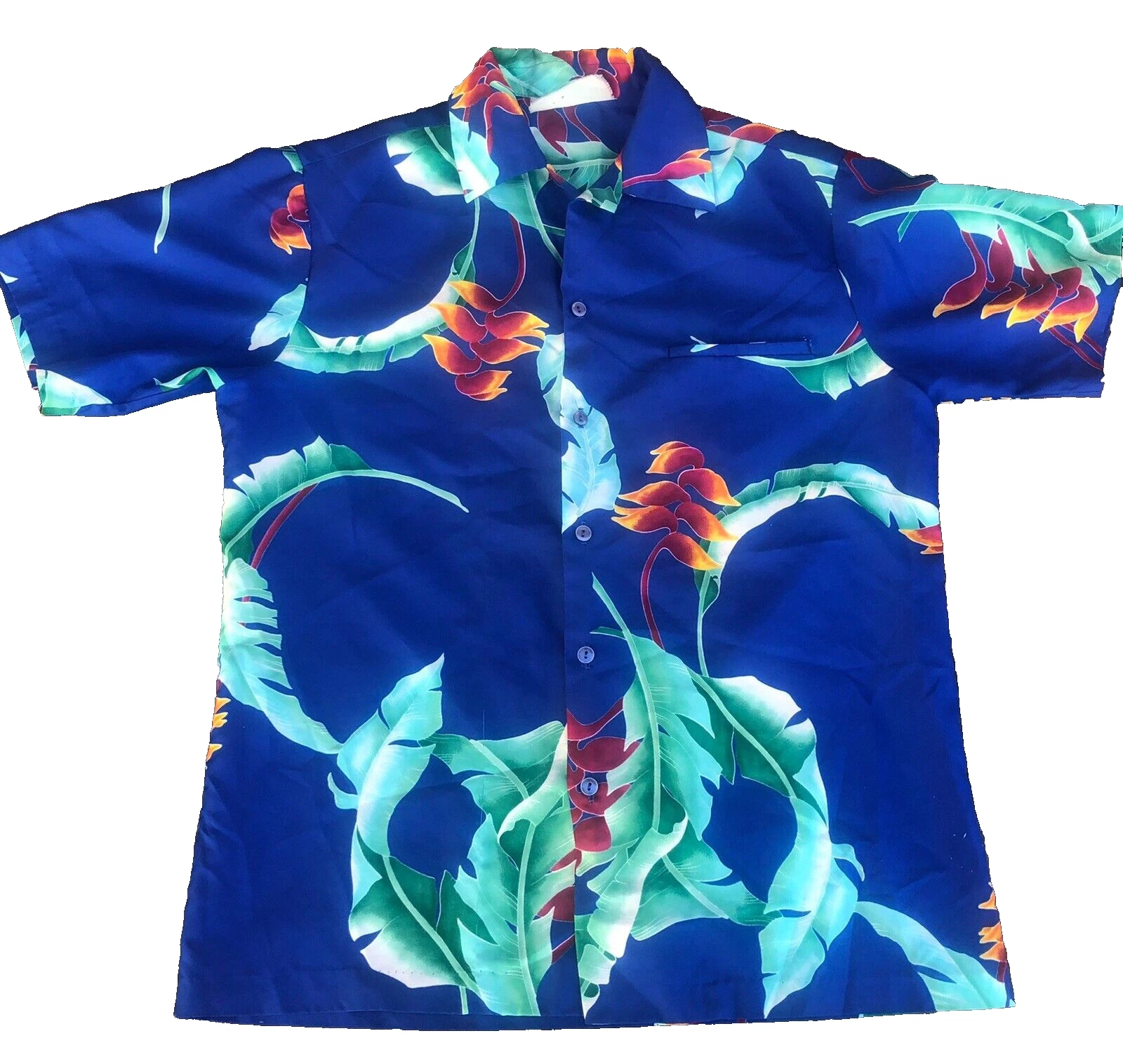 Men's VINTAGE Polyester HAWAIIAN Button Up Shirt Blue with Floral Design