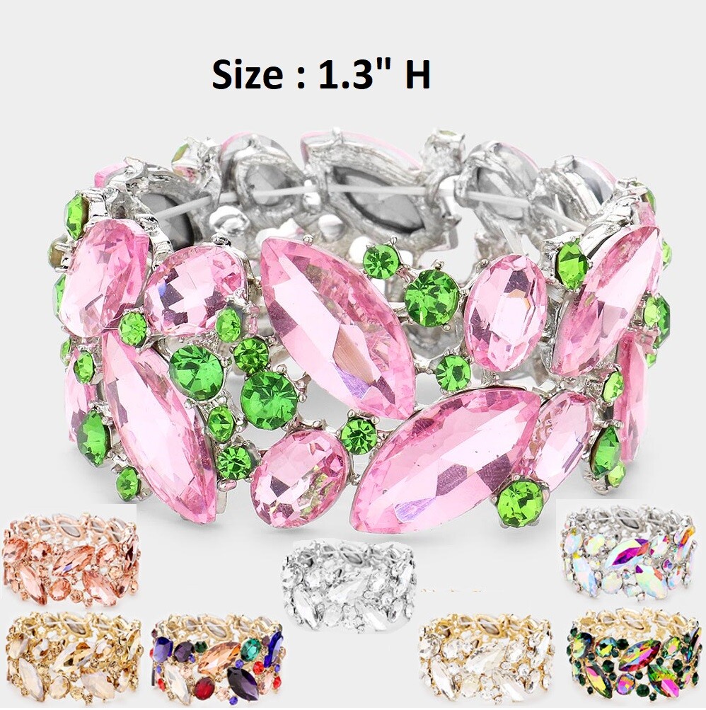 Crystal Rhinestone Stretch Bracelet Silver Tone Marquise Leaf Wedding Bridal ADIRFINE 925 Sterling Silver Marquise Cut Cubic Zirconia  main image 4