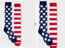 2 Pairs Women's American Flag Knee High Socks - Red/White/Navy Sz 4-10