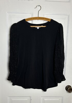 NWOT Chicos Top, Sheer Sleeves, Black, L / 2, Gold Fleck Detail In Sleeves
