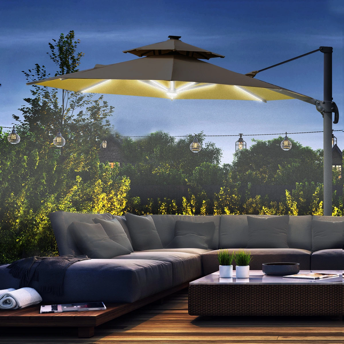 Outsunny 3m Cantilever Parasol Solar Lights Power Bank Base 360° Spin Beige  | eBay