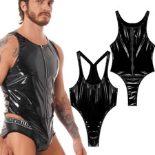 Mens Patent Leather Bodysuit Wrestling Single Jumpsuit Wet Look High Cut Leotard