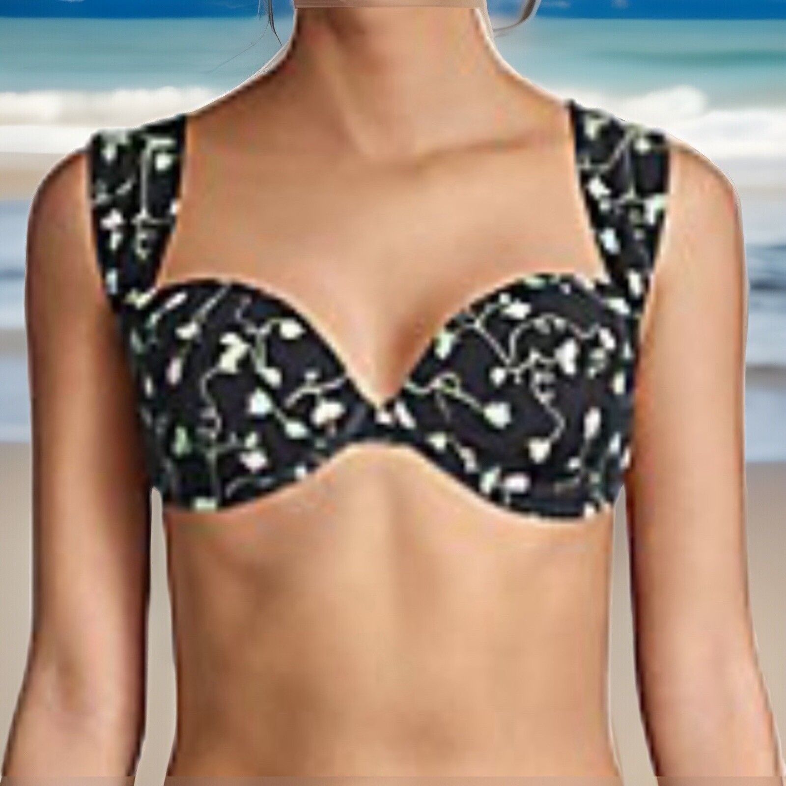 WeWoreWhat Bikini Top XL Underwire Wide Pleated Strap Black Claudia Rose Bud NWT