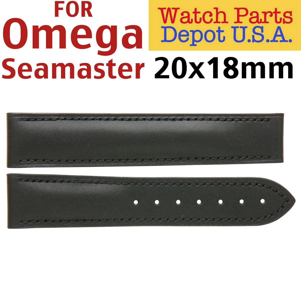 Smooth Plain Replacement Black Leather Band for Omega Seamaster