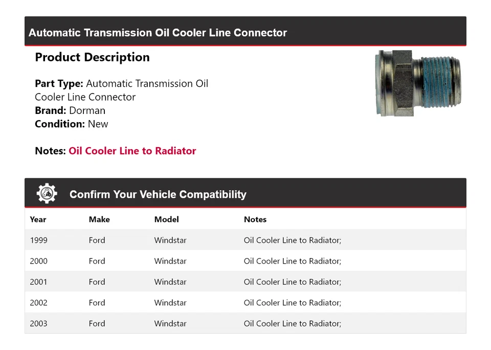 Conector de línea de enfriador de aceite para Ford Windstar Dorman AT 1999-2003 2000 2001 2002 Foto 2 de 4