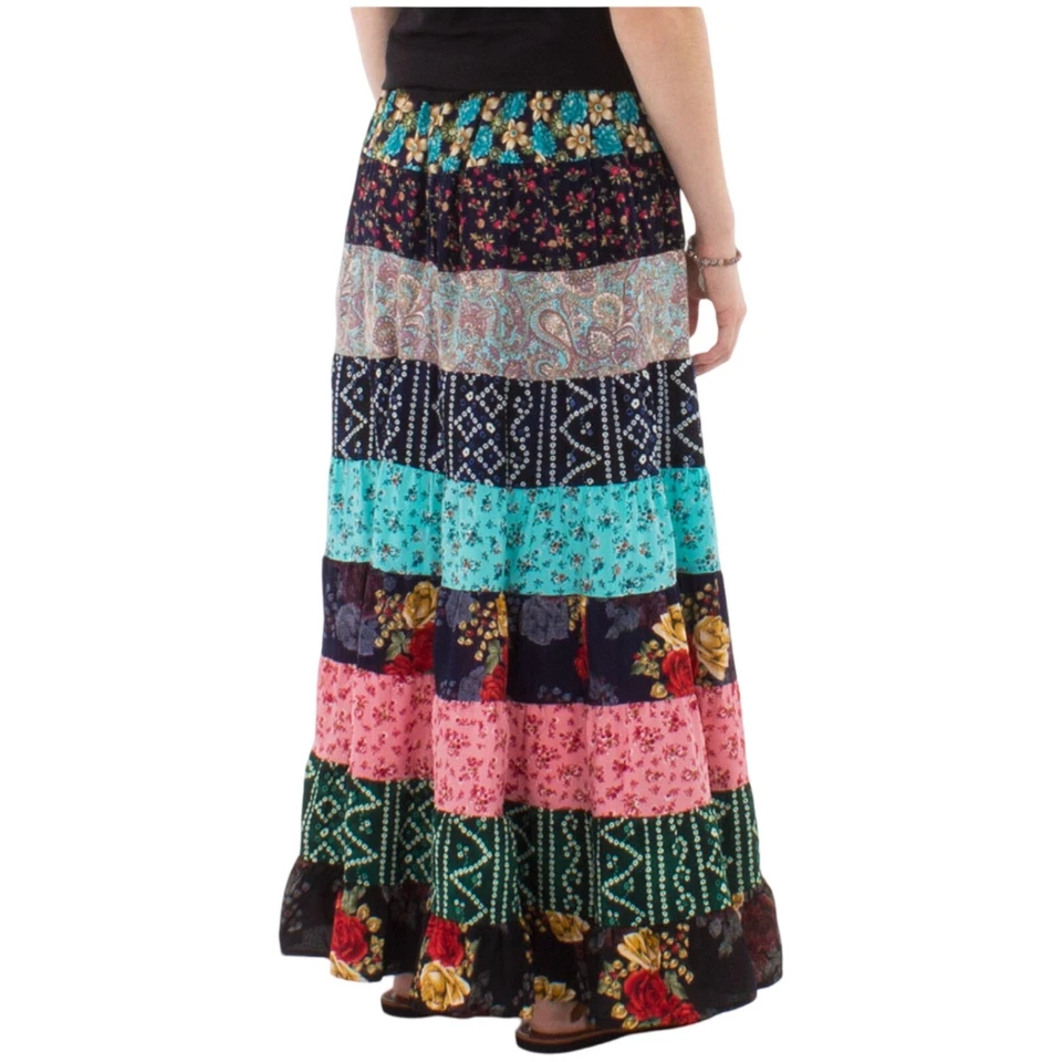 Jupe Longue Bohème à Volants, Motifs Floraux et Géométriques, Multicolore, Taill - Photo 3/3