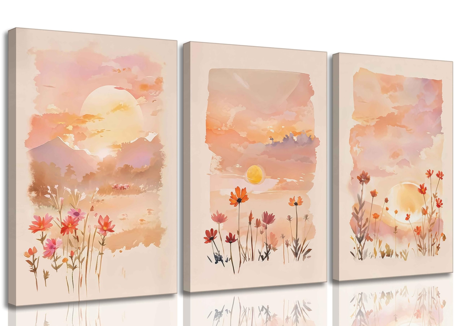 3 Pieces Sunrise Canvas Wall Art Blush Pink Wildflowers Floral and Orange Sun...