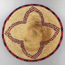 Vintage Native American Indian 13.5&rdquo; Geometric 4 Point Natural Coil Basket Red