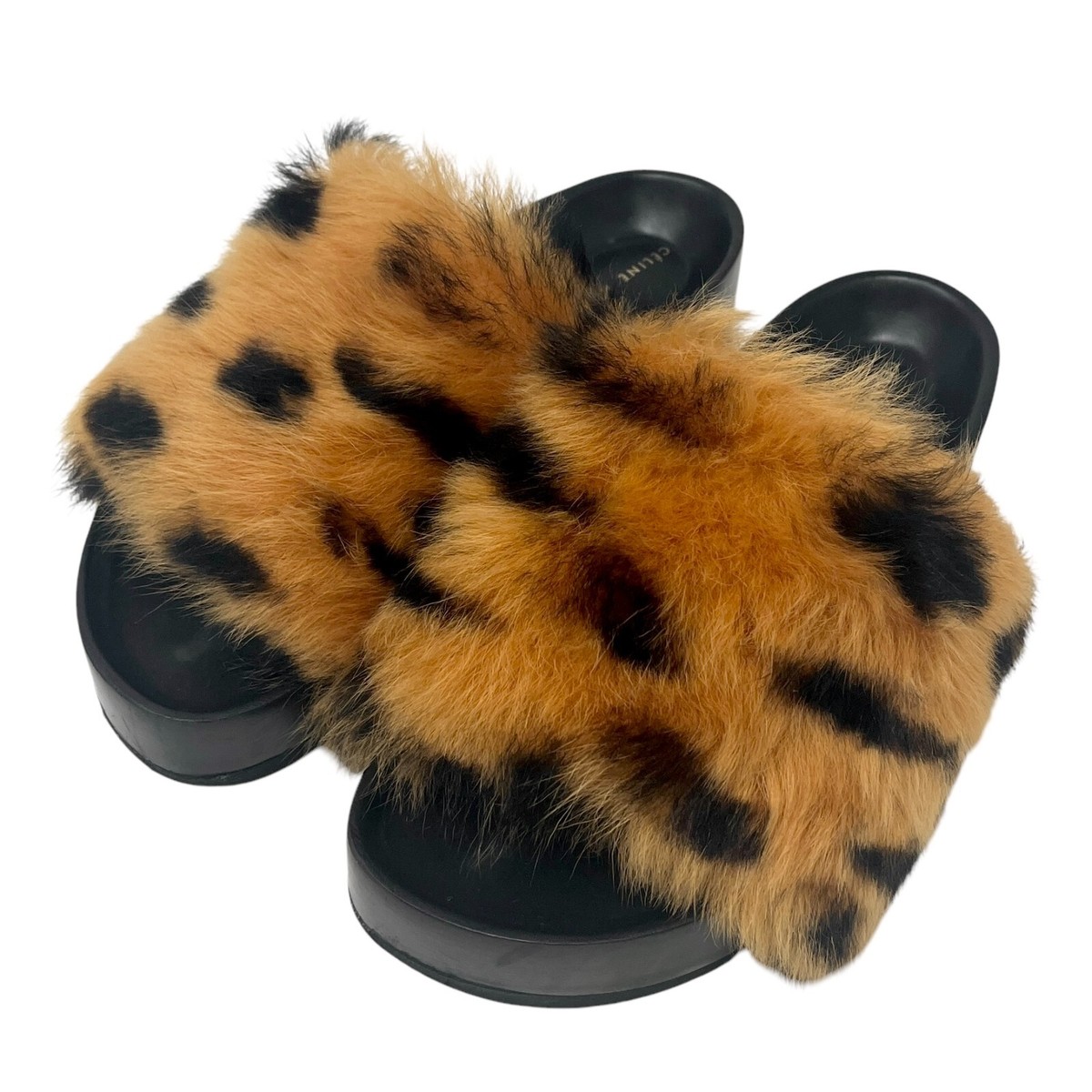 CELINE Vintage Logo Animal Print Faux Fur Sandals #37-37.5