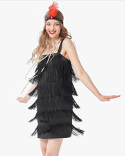 Flapper Dress 3PC Set Sz 10-12 Black Fringe Red Feather Headpiece Pearls 20s