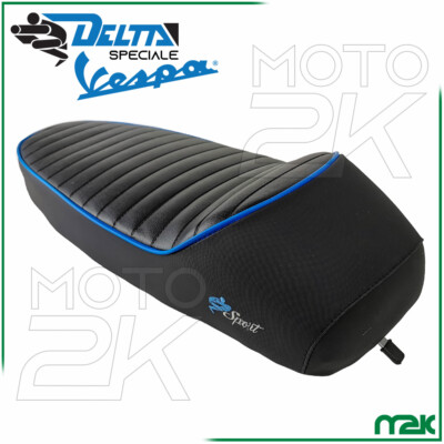 SELLA LUNGA SPORT BORDO BLU PELLE NERA PER PIAGGIO VESPA 50 XL S