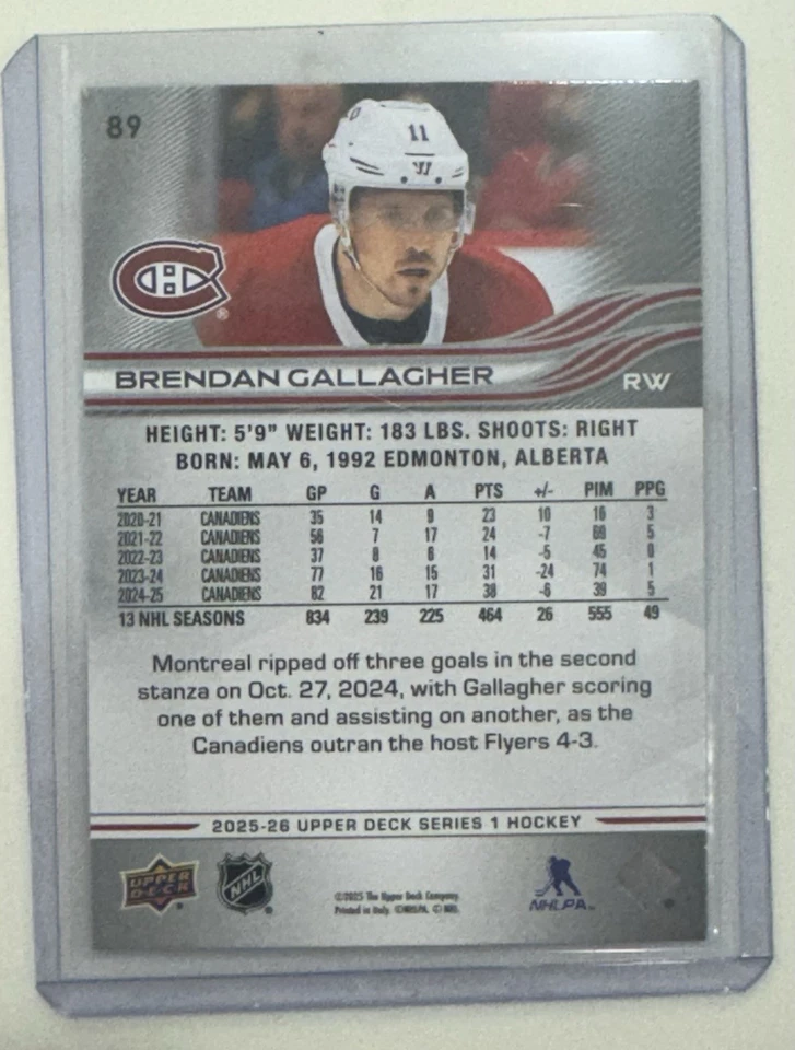 2025-2026 Upper Deck Series 1 Brendan Gallagher UD Exclusive /100 #89 SP - Image 2 of 3