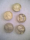 Washington Silver Quarters 25c 90% Silver 5 Coin Lot Used Circulated Condition