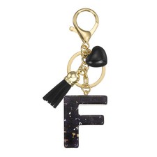 Alphabet Initial Letter Keychain Cute Charm with Tassel Heart Letter F Black