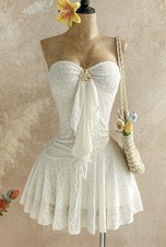 Handmade White Strapless Lace A-Line Above Knee Sleeveless Dress