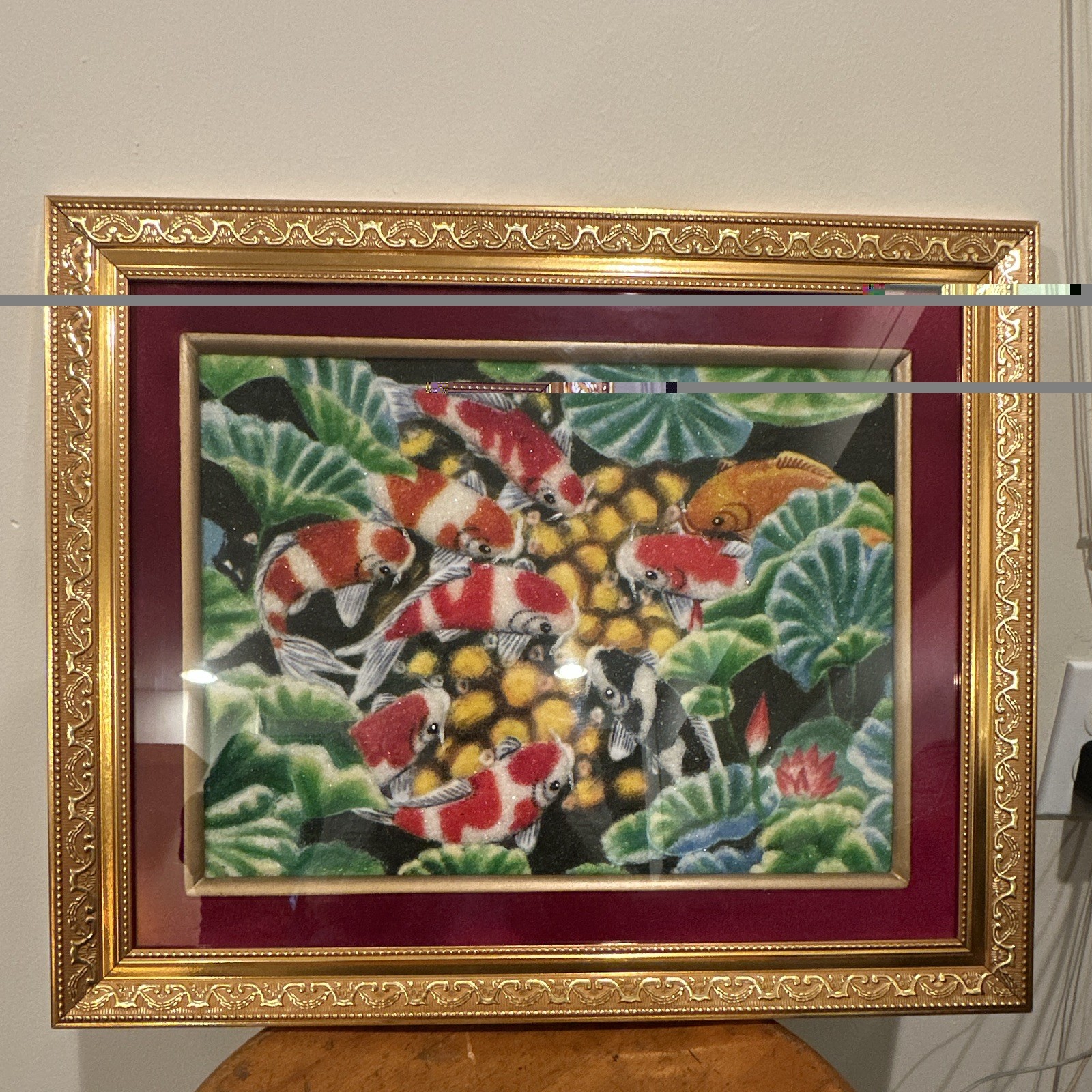 Traditional Burmese Sand Painting: Koi Fish with Water Lilies; Gold Frame & Mat