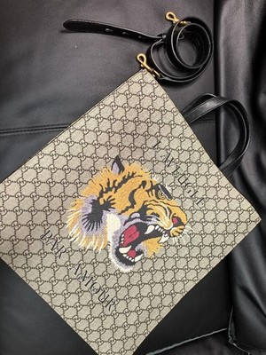 GUCCI GG Tiger Print Tote Shoulder Hand Bag PVC Leather Brown Gold