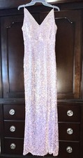 Pearlescent Pink Sequin Evening Gown, Spaghetti Straps, Side Slit, Women s M