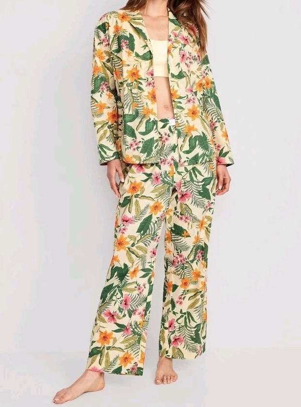 Old Navy Floral Tropical Poplin Pajama Set Button-Up Shirt & Wide Leg Pants Sz L
