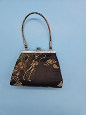 Vintage Unbranded Black Asian Satin Evening Bag Kiss Lock Top Handle Purse