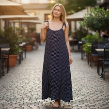 J.Crew Beachwear A-Line Dress Womens S/M Navy Blue White Polka Dot Ruffle Strap