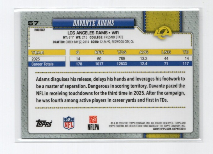 2026 Topps Football Holiday Chrome Sparkle Refractor #57 Davante Adams ...