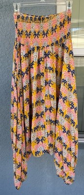 Valija Boho Elephant Print Harem Pants Smocked Waist Hippie Festival Genie Med