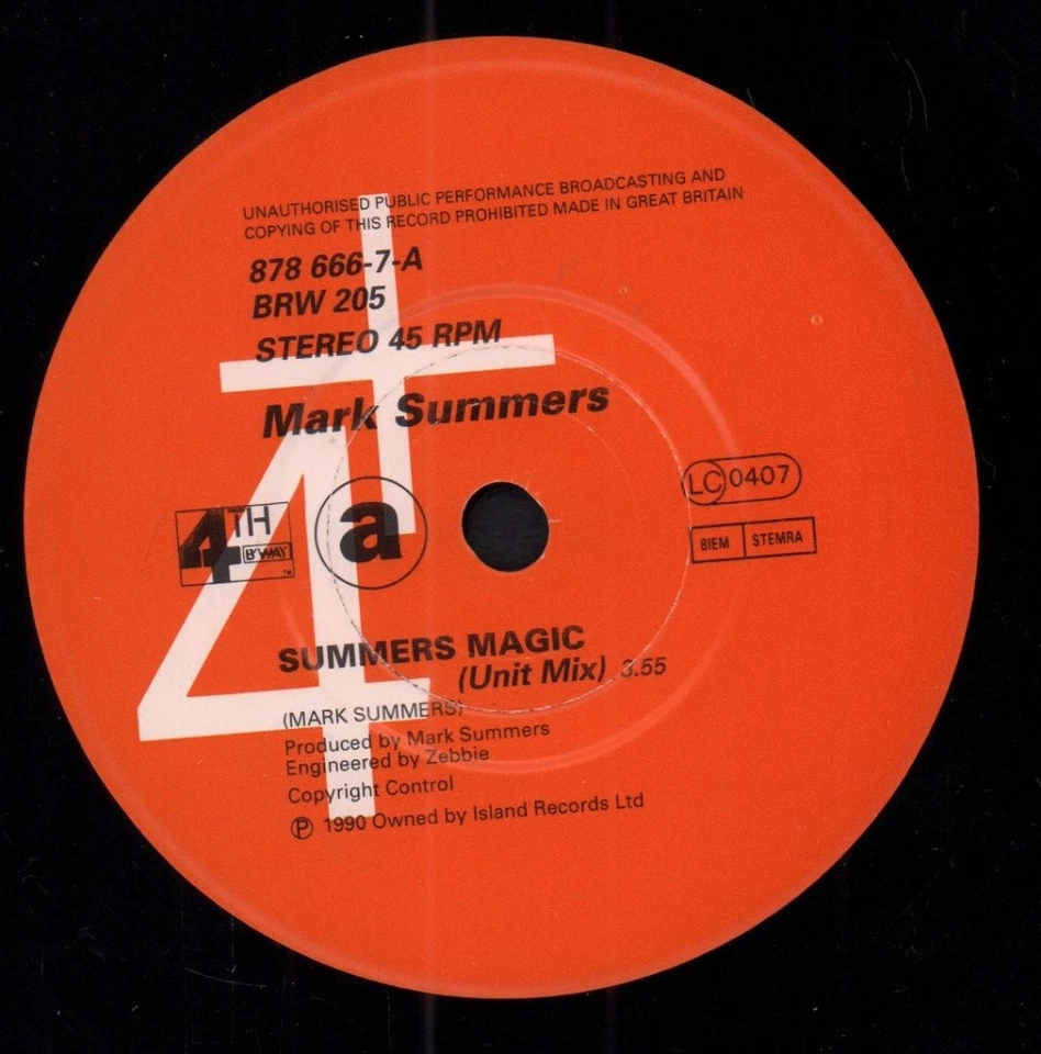 Mark Summers Summers Magic 7" vinyl UK 4th and Broadway 1990 paper label design - Image 3 of 3