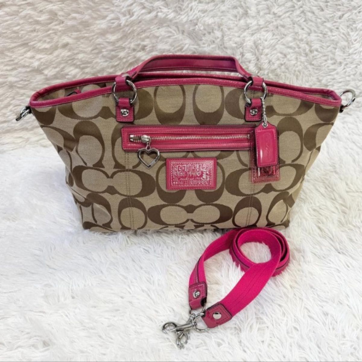 COACH Signature 2way Shoulder Bag Handbag Pink Beige Multi storage A4 11a thumbnail 2