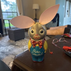 Vintage 1950s Mattel Peter Cottontail Wind Up Tin Toy Bunny with Pink Ears Works