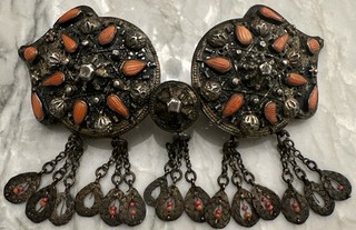 OTTOMAN EMPIRE 19th Century Gilt Metal Coral Inlaid 2 Pc. Belt Buckle