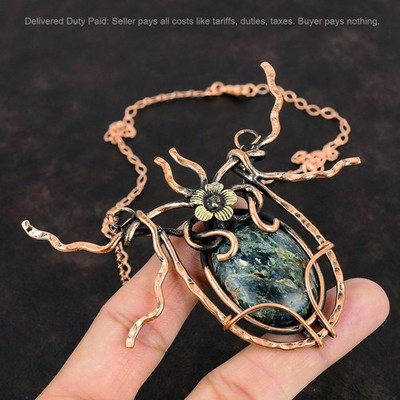 Valentines Sale Copper Kyanite Stone Chain Wire Wrapped Flower Necklace Jewelry