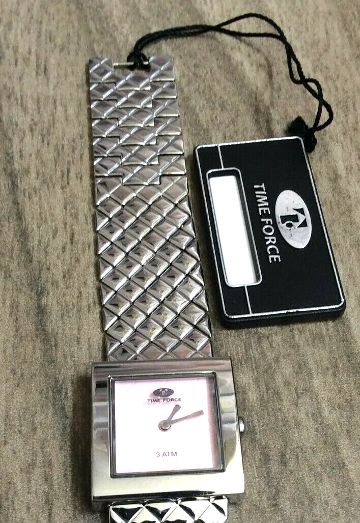 TIME FORCE Women's Silver Watch Square Pink Dial on Diamond Cut Silver Link Band