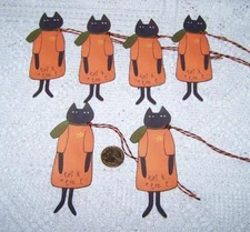 6-Halloween-Primitive-Cat-Kitty-Fall-Fussy Cut-Linen Cardstock-Gift-Hang-Tags