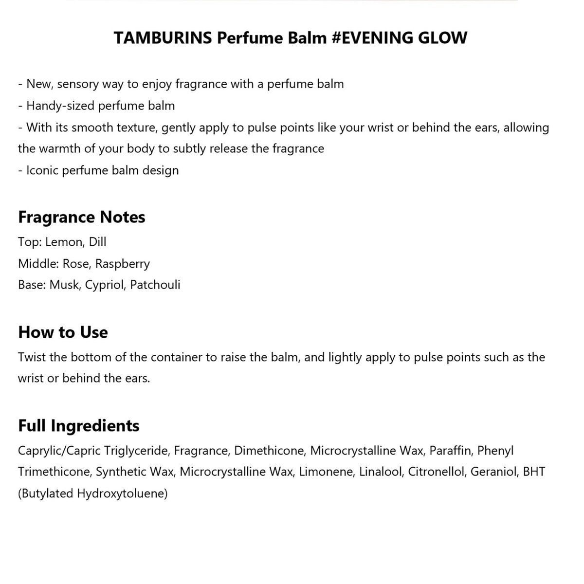 TAMBURINS Perfume Balm #EVENING GLOW 6.5g Solid Perfume K TAMBURINS Perfume Balm #EVENING GLOW 6.5g Solid Perfume K