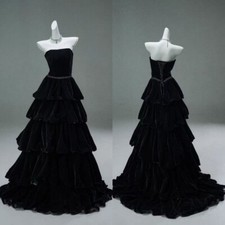 Black Velvet Tiered Beaded Evening Dresses Strapless A Line Party Gowns
