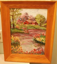 Vintage Oil Painting Original Landscape BARN ON SPRING RIVER 20" Signed Framed