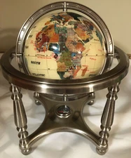 Semi Precious Stone Inlaid ~10.5" Tall Globe Brushed Nickel Stand with Compass